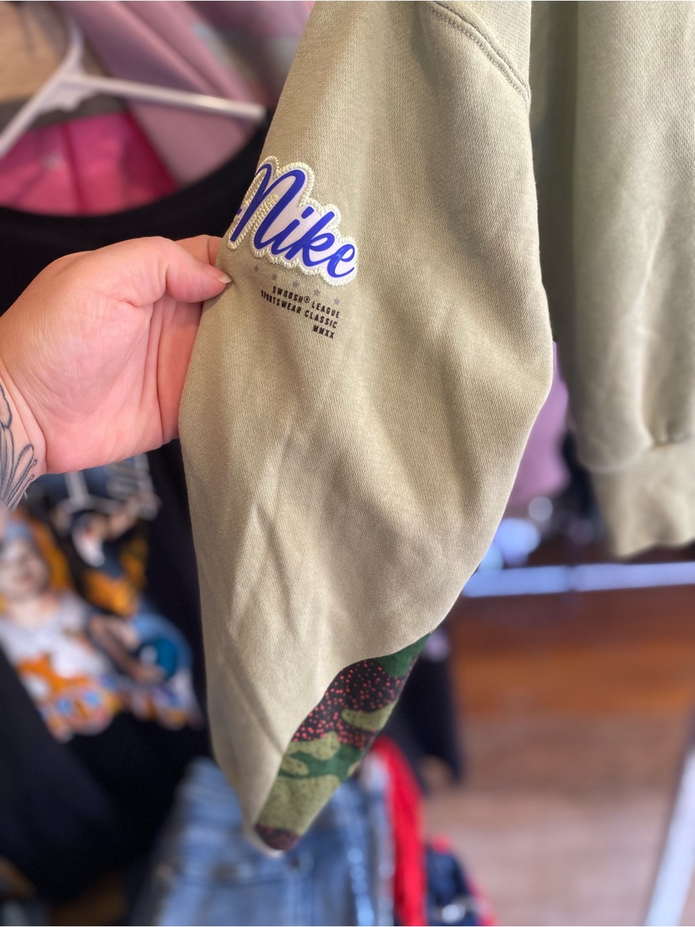 Nike Olive Green Cropped Crewneck Sweatshirt with Camo Panels - Picture 4 of 5